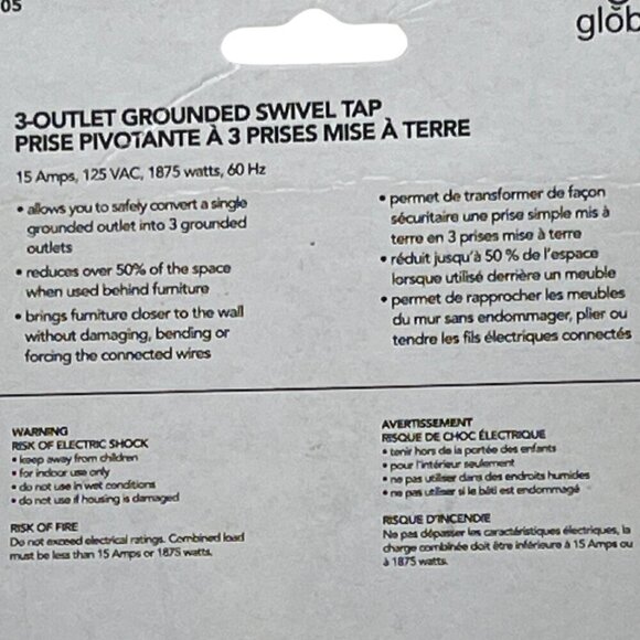 Globe Electric 46505 3-Outlet Lateral Swivel Grounded Wall Adapter Tap - Picture 3 of 3